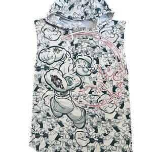 Popeye Sleeveless Hoodie Tank Top All Over Print Men’s M Light Weight Gym Tee